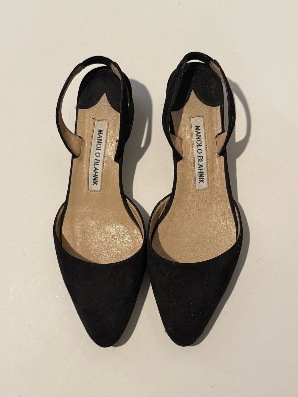Manolo Blahnik Black Suede Pointed Slingback Heels